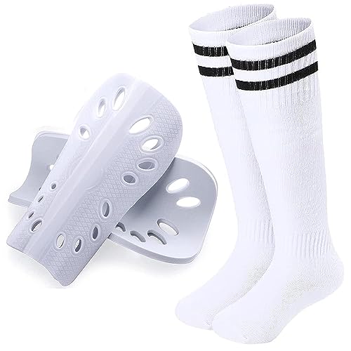 Soccer Shin Guards, Children's Soccer Shin Pads and Long Soccer Socks Gear for Youth Kids Toddler, Protective Soccer Shin Pads & Sleeves Equipment - Football Gear for Children Teens Boys Girls (White)