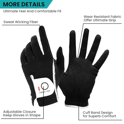 Finger Ten Men'S Golf Gloves Rain Grip Both Hands Pair Left Right Hand, Hot Wet Weather No Sweat Black Gray White Blue Fit Size Small Medium Large Xl 2Xl 3Xl thumb #1