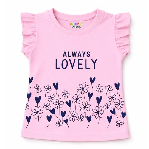 Image of Kuchipoo Girls Cotton Printed Frill Sleeve T-Shirts Combo Pack | Casual Graphic Summer Tops for Girls | Pack of 4