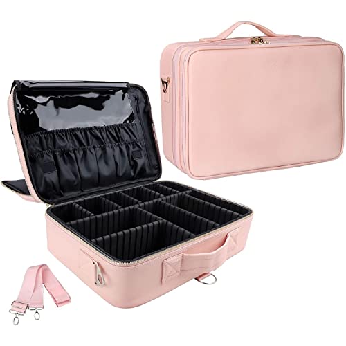 Image of Travel Makeup Case, Professional Cosmetic Train Cases Artist Storage Bag Make Up Tool Boxes Brushes Bags with Compartments Vanity Organizer (16 INCH(2 Layer), Baby Pink)