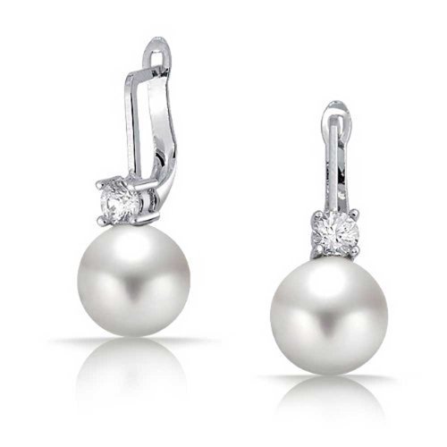 Bridal Simple Plain CZ Leverback White Simulated Pearl Solitaire Ball Drop Earrings For Women Wedding Silver Plated