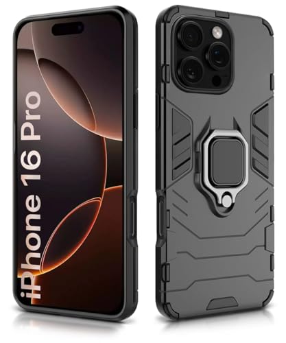 Image of WOW IMAGINE Shock Proof Back Case Mobile Cover for iPhone 16 Pro | Back Cover Case (Tough Armor | Hybrid PC + TPU | Ring Holder & in-Built Kickstand | Black)