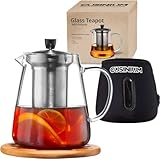 Glass Teapot Kettle with Infuser - Loose Leaf Tea Pot 32oz - Stovetop Safe Clear Tea Maker - Tea Pot Strainer for Blooming, Flowering, Loose tea - Sleeve for Warmer Tea, Coaster & E-Book