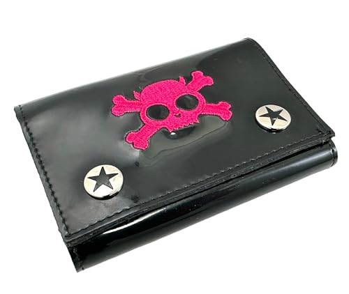 Skull Crossbone Embroidered Shiny Patent Tri-fold Bikers Wallet with 16" Chain (Black)4