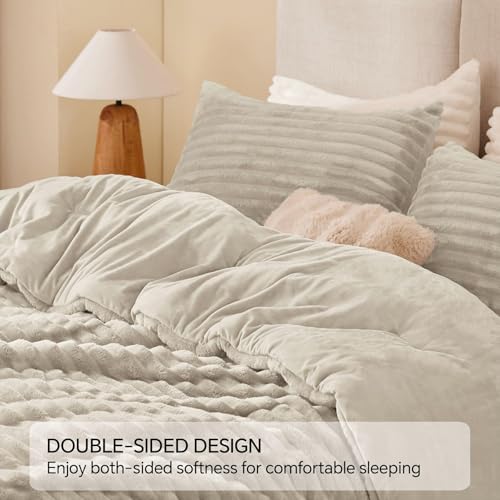 Image of BEDELITE Fleece Oversized Queen Comforter Set, Fluffy Bed Set, Linen | Super Soft & Warm Bedding, Luxury Fuzzy Faux Fur Comforter for Winter, Heavy Plush Bedding, with 2 Pillowcases