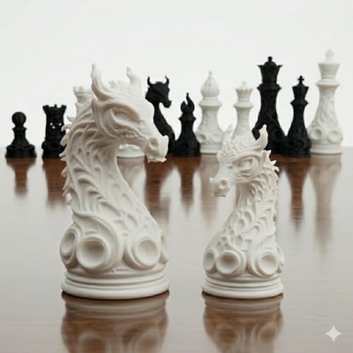 Image of TADCraft Decorative Chess Pieces - Artistic Black and White Ornate Chessmen for Display, Collection & Casual Play (32 Pieces-Tournament Size)
