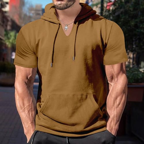 WENKOMG1 Mens Lightweight Cotton Blend Hooded T-Shirt V-Neck with Kangaroo Pocket