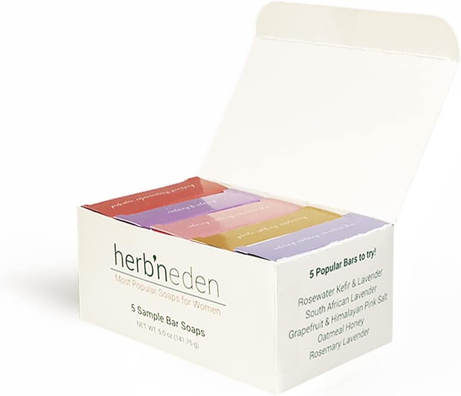 Herb’N Eden Pack of 5 Soaps for Women | 100% Natural Ingredients | Essential Oils | Dry, Sensitive, Oily, Mature, Combo, Normal, Eczema, Psoriasis Skin | Face, Body, Yoni | 1oz Bar Samples