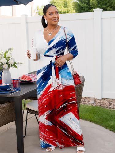 Image of PinkPatty Plus Size Maxi Dresses for Women Casual Flowy Long Dress 3 /4 Sleeve V Neck Wrap Dress with Belt