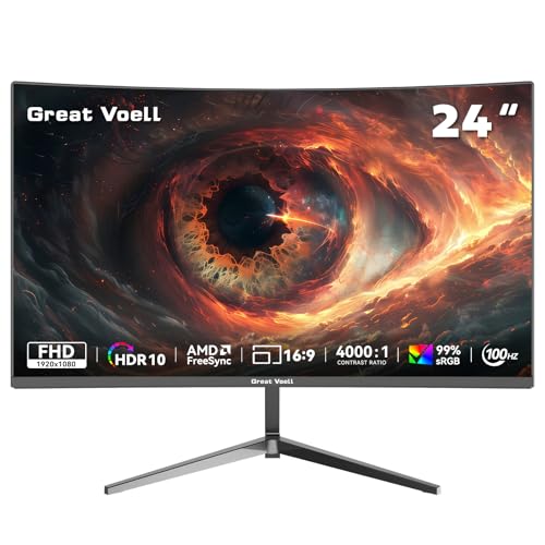 Image of Great voell 24 Inch Curved Monitor 100Hz 98% sRGB Gaming Monitor 3000R Curved FHD 1080P Computer Monitor 4000:1 Contrast Ratio Supports AMD FreeSync HDR HDMI VGA Inputs VESA for Home Office Gaming