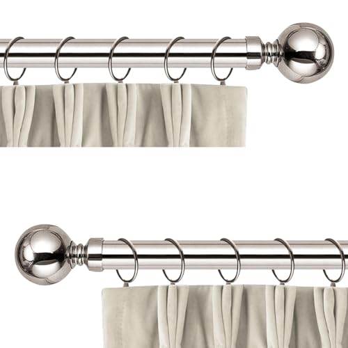 Aspire Homeware Curtain Poles Metal Plain Ball 2 Pack Extendable Curtain Pole 120 cm to 210 cm Brushed Silver Adjustable Curtain Rod 28 mm Diameter with 60 mm Finials, Rings, Brackets,and Fittings Set