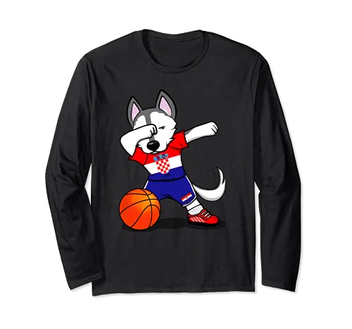Dabbing Husky Croatia Basketball Fans Jersey Croatian Flag Long Sleeve T-Shirt, Black