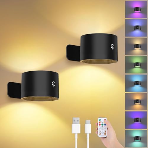 Image of Lightess Battery Operated Wall Sconce Black, Remote Control, Set of 2 | 5000mAh Rechargeable, 19 Colors Dimmable, Stick on Wall Lights for Hallway, Bedroom, Living Room