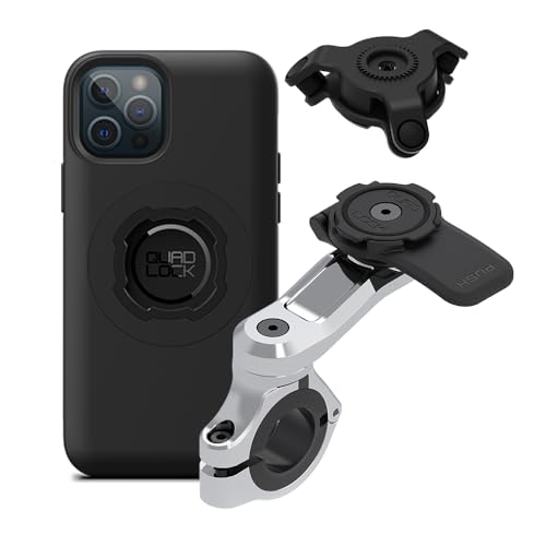 Image of Quad Lock Motorcycle Handlebar Phone Mount PRO Chrome with Vibration Dampener and MAG Phone Case for iPhone 12 /12 Pro