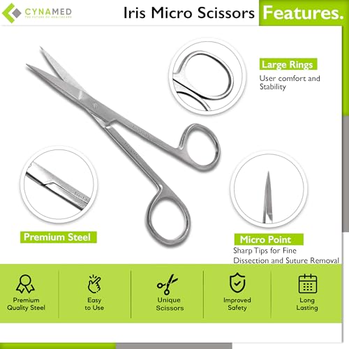 cynamed iris micro dissecting precision lab scissors fine point straight - perfect for doctors nurses ems students education
