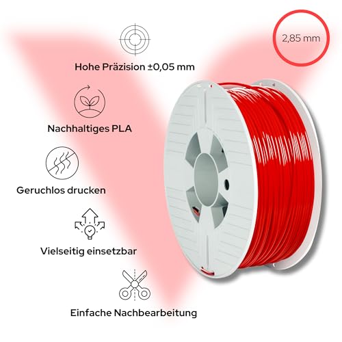 Verbatim PLA 3D Filament, Red 2,85mm Diameter, 1kg Reel, 55330 (2,85mm Diameter, 1kg Reel PLA (Polylactic Acid) Filament, Degradable Bioplastic)