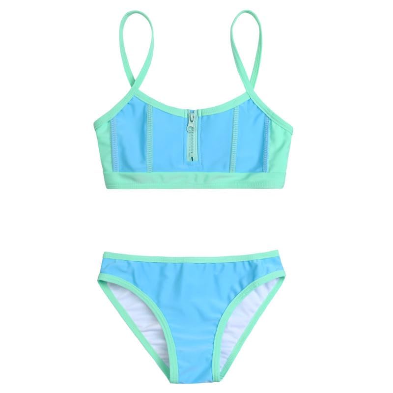 Girls Tankini Swimsuits for Kids Two-Piece Colorblocking Zipper Lake Blue Swimwear 12 13 Bathing Suit