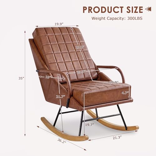 VECELO Rocking Chair Nursery, Oversize Leather Glider Rocker with Padded Cushion, Upholstered Removable High Back, Brown