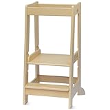 Stepup Baby Torre de Aprendizaje Montessori | Taburete Infantil de Madera | Altura Ajustable y Barra de Seguridad | Torre Montessori para Cocina o Baño | para Niños 18 Meses a 5 Años - Barnizada