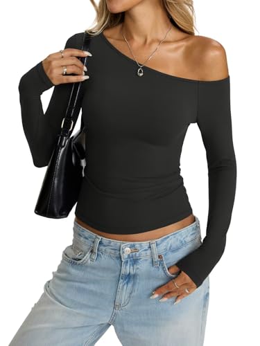Womens Off Shoulder Tops Tight Long Sleeve Shirts Sexy Crop Top Y2K Slim Fit Going Out Fall Fashion Clothes 20252