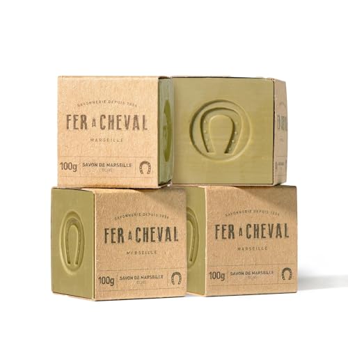 Fer à Cheval Pure Olive Authentic Savon De Marseille Soap Bar – 100% Natural, Hypoallergenic, 100g, Pack of 4 – Crafted in Cauldrons with French Olive Oil – Palm Oil Free & Eco-Friendly