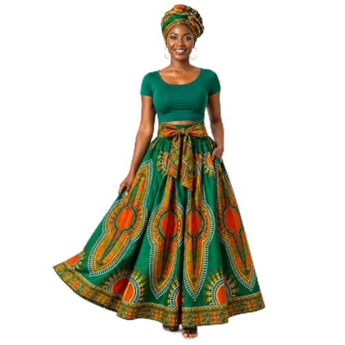Jupe Dashiki pour femme avec cache-tête, caftan, hippie, bohème, imprimé africain, robes maxi africaines, Vert, orange, orange, Taille unique