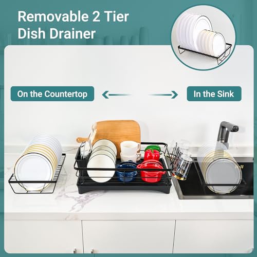 Hawthyhome 2 Tier Dish Drainer Rack with Drip Tray, Space-Saving Dish Rack for Kitchen Counter, Detachable Large Dish drying Rack with Swivel Drainage Spout,Black - Image 6