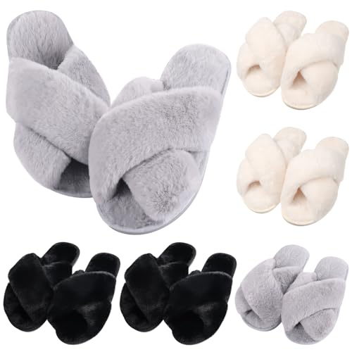 Image of VAIPI 6 Pairs Womens Cross Band Slippers Fuzzy Plush House Bridesmaid Slipper White | Black | Pink Open Toe Fluffy Slipper Soft Warm Bridal Slippers
