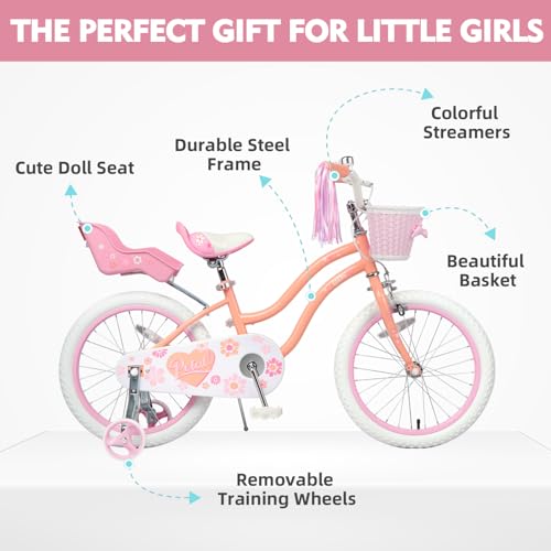 Image of Glerc Petal Girls Bike 12-18 Inch for Ages 2-9, Kids Bike with Training Wheels, Basket & Streamers, Princess Style Kids Bicycle, for Girls