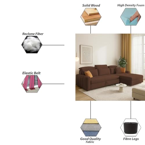 Image of Casaliving Gagnon RHS 4 Seater L Shape Corner Sofa Cum Bed for Living Room (Brown Fabric) Premium Fabric Sofa Set for Living Room