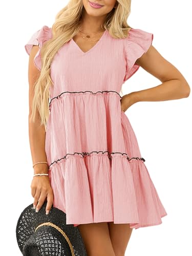 Image of Women's Summer Babydoll Mini Dress V Neck Tie Back Ruffle Sleeve Casual Tiered Loose Flowy Swing Tunic Shift Dress