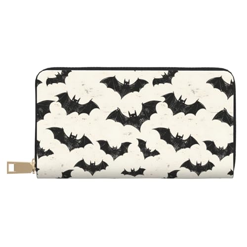 Leather Thin Slim Wallets for Women Men - Fashion Cute Bat Black Print Card Wallet Holder with Zipper