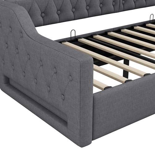 EINHOM Polsterbett Schlafsofa 90x200 cm, Tagesbett Sofabett mit LED-Gürtel, Stauraumbett mit Hydraulischer Stauraum, Lattenrost aus Holz, MDF+Sperrholz+Leinen, Ohne Matratze, Grau – Bild 8