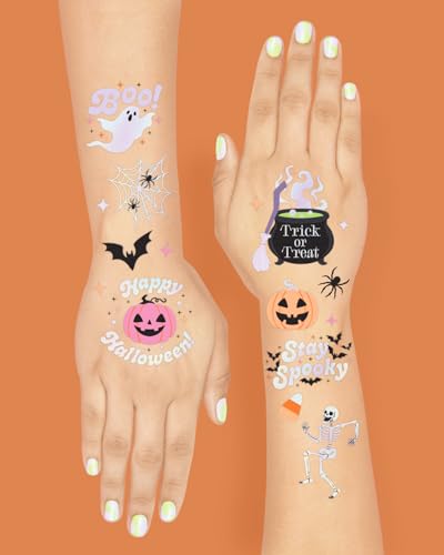 xo, Fetti Halloween Temporary Tattoos - 50 Iridescent Styles | Spooky Decorations, Kids Party Accessory, Haunted House Theme Favor, Trick or Treating Gift