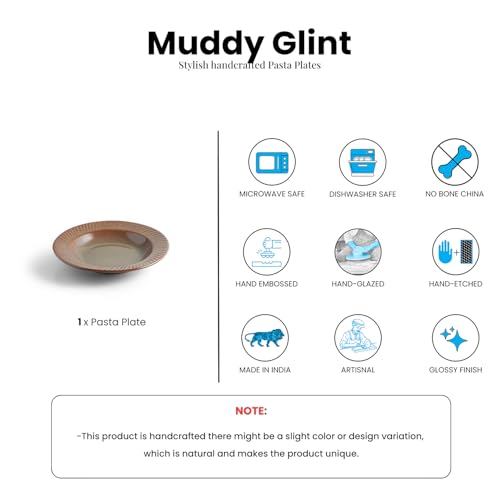 Image of ExclusiveLane 'Muddy Glint' Ceramic Pasta Bowl /Plate for Serving (410 ML, Microwave Safe, Hand-Embossed) | Snack Serving Plate for Kitchen Serving Plate for Snacks