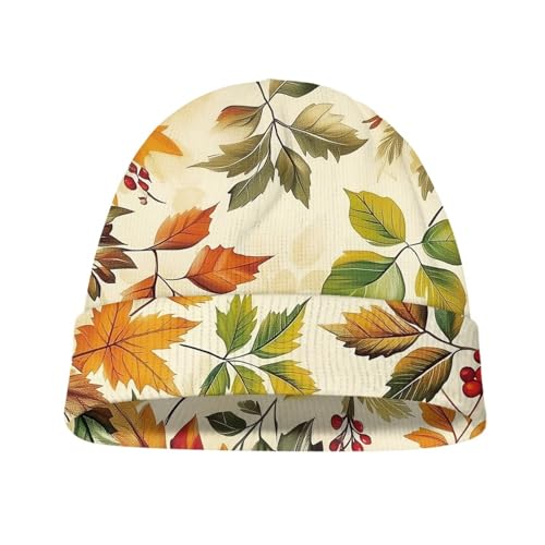 Babrukda Maple Leaves Beanie for Girls Kids Beanies Caps Soft Knit Winter Hats Roll-up Edge Stretch Caps for Cold Weather