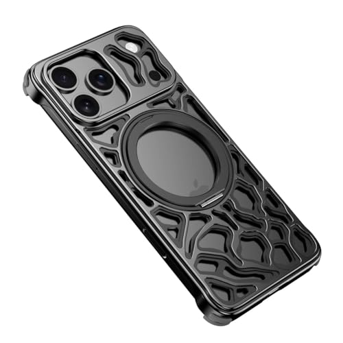 Coque iPhone 15 Pro Max sans cadre noir avec support aluminium et pare-chocs metal