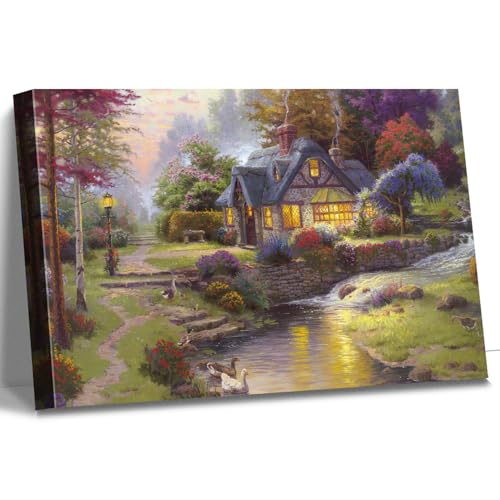 CanvasGarden Thomas Kinkade Canvas Wall Art, Countryside Cottage Warm Lights Oil Painting Poster Fairytale Rustic Landscape Decor, Framed Prints for Living Room Bedroom Office Gift, 16x12x0.75Inch