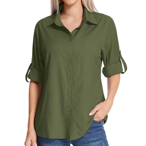 Consejos para Comprar Verde Militar Ropa comprados en linea. 49 Safari - Camisas de sol para mujer, protección solar UPF 50+, protección solar UV, manga larga, secado rápido, pesca, senderismo, jardinería, Z- Verde militar, Large