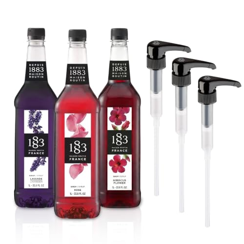 Image of 1883 Lavender, Rose, Hibiscus Syrups with Pumps (Floral Flavors) for Coffee & Drinks - 1 Liter Plastic Bottles (Pack of 3)