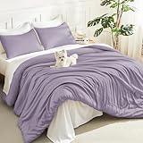 Litanika Grayish Lavender Purple Comforter Set Full Size, 3 Pieces Lightweight Solid Bedding Comforter Set, All Season Fluffy Bed Set (79x90In Comforter & 2 Pillowcases)