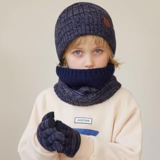 MAZELIKEHOOD 3 Pièces Bonnet Gants Écharpe Garçon Ensemble Chaud Hiver pour Enfants Trico Doux Accessoires Nécessaire Extérieur Sport