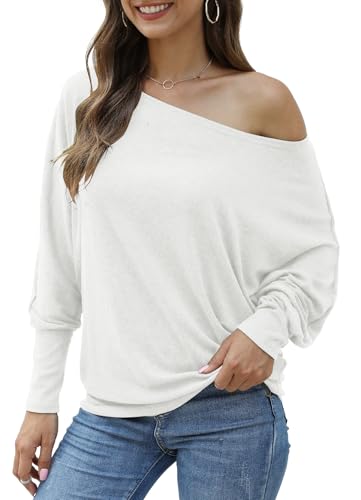Image of Aifer Women's Off The Shoulder Tops Sexy Long Sleeve Shirts Oversized Fashion Casual Batwing Sweaters Pullover Tunic Tops