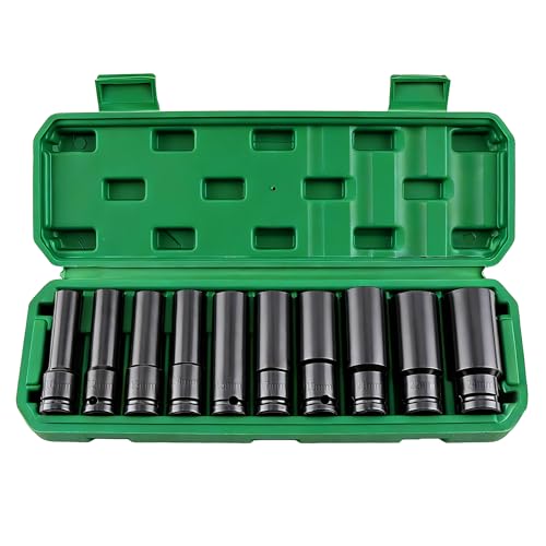 Image of 10-Piece 1 /2'' Drive Impact Socket Set Metric - 6 Point Deep Well Cr-V Sockets (10mm-24mm) with Blow-Molded Case for Pneumatic & Electric Tools