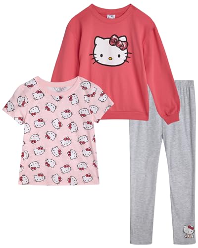 Image of Hello Kitty Girls Legging Set - 3 Piece Short Sleeve Girls Shirt Sweat Shirt Kids & Leggings Matching Set, Size 4, Pink /Grey