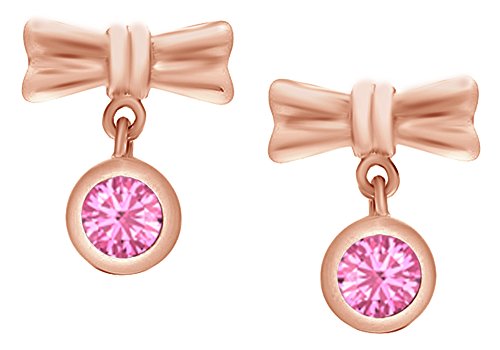 Round Cut Simulated Tourmaline Ribbon Bow Dangle Earrings In 14k Rose Gold Over Sterling Silver