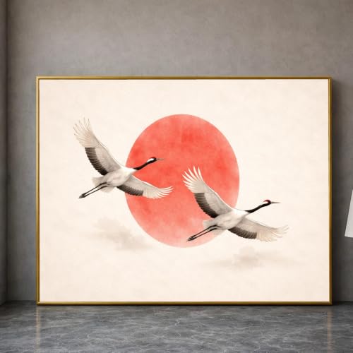 Affiche japonaise soleil rouge et grand tableau oiseaux sur toile