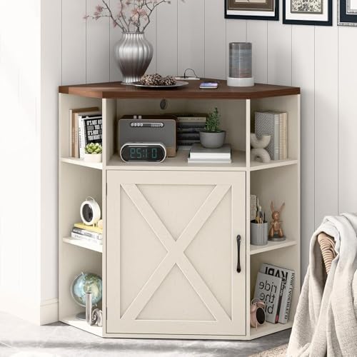 Image of Halitaa Corner Storage Cabinet, 6-Cubby Wooden Cabinet with USB Ports and Outlets, Farmhouse Corner Bookshelf with Storage Industrial Organizer for Study, Playroom, Living Room, White and Brown
