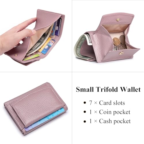 Image of Small Wallet Women Genuine Leather RFID Blocking Trifold Tiny Wallets with Snap Coin Pouch 7 Card Solts