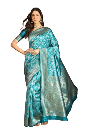 Image of Elegant Banarasi Silk Blend Saree with Gold Zari Woven Floral Border
